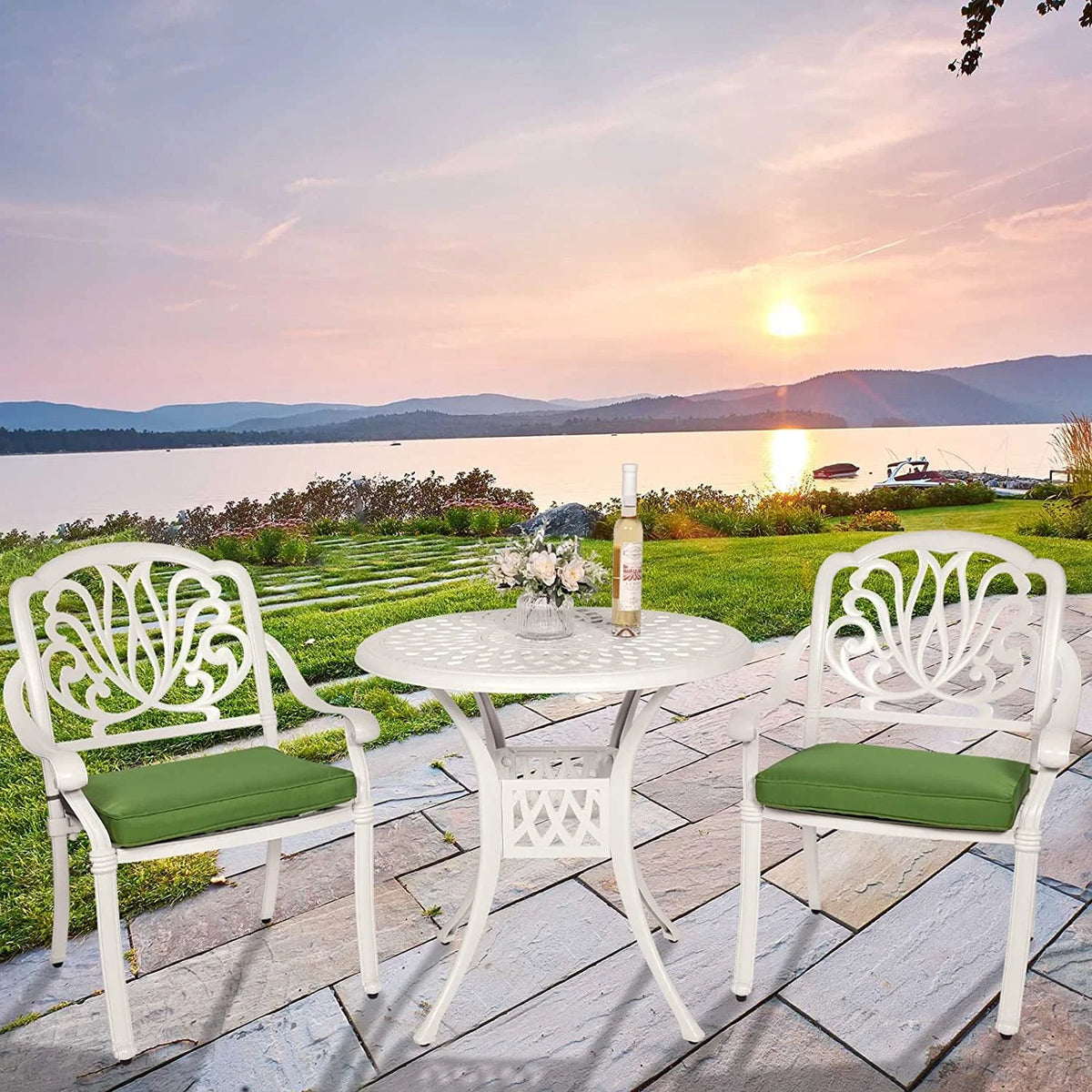 3-Piece Cast Aluminum Outdoor Patio Dining Set with 2 Cushioned Chairs and Round Table H829