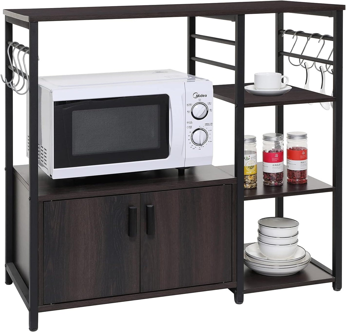 4 Tier Dark Oak Kitchen Baker's Rack with 8 Hooks E812