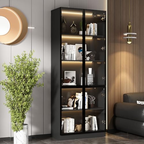 Black Glass Display Cabinet with 5-Tier Shelves and 4 Doors H159313