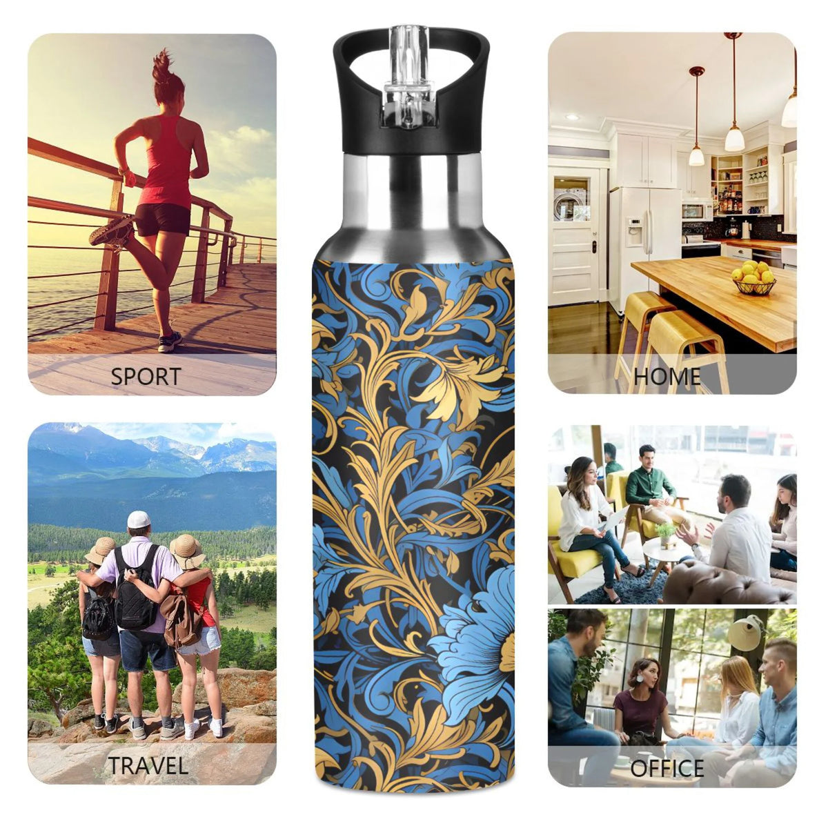 Blue Flowers Stainless Steel Insulated Water Bottle with Straw Lid M968