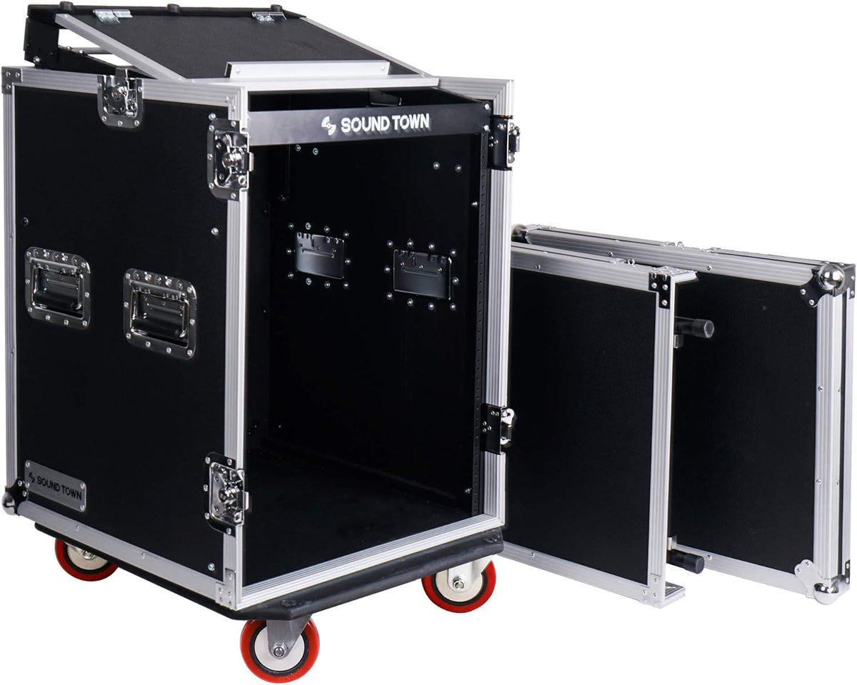 14U PA DJ Rack Case with 11U Slant Mixer Top and Casters X208