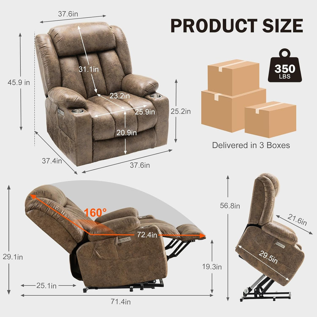 Light Brown Power Lift Recliner with Heated and Massage, USB, Cup Holder J267
