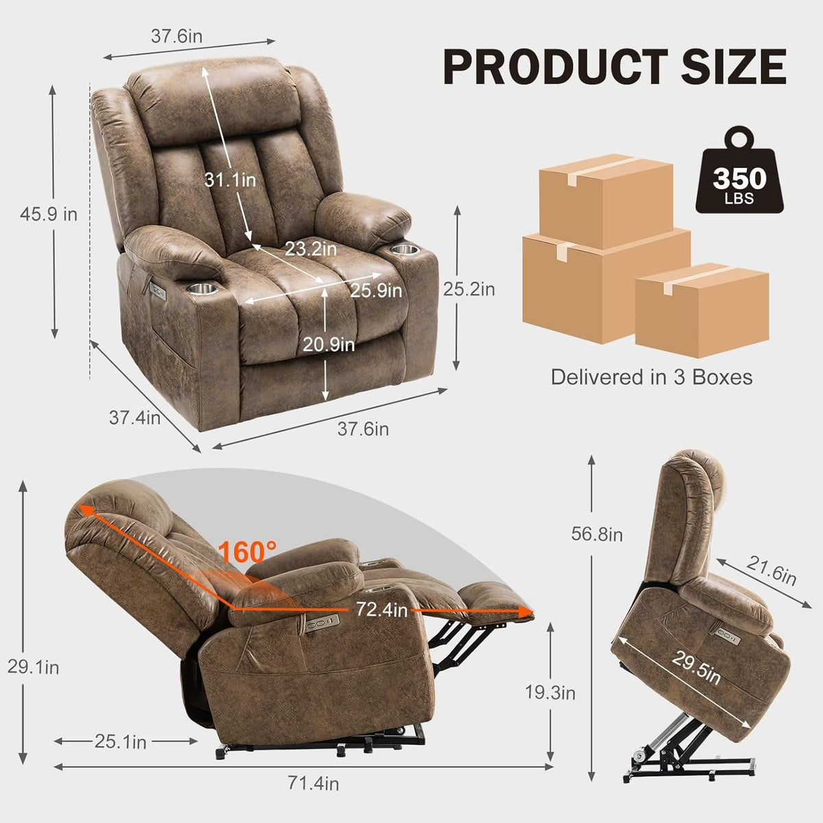 Light Brown Power Lift Recliner with Heated and Massage, USB, Cup Holder J267