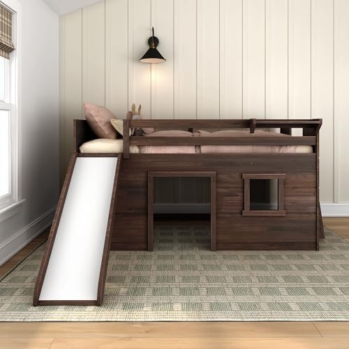 Twin Size Solid Wood Low Loft Bed with Storage Drawer and Ladder Y30967