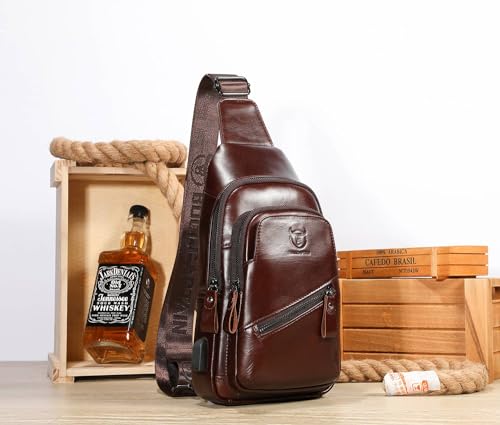 Leather Sling Bag with USB Charging Port Chest Bag Shoulder Bag Crossbody Daypack Backpack O728