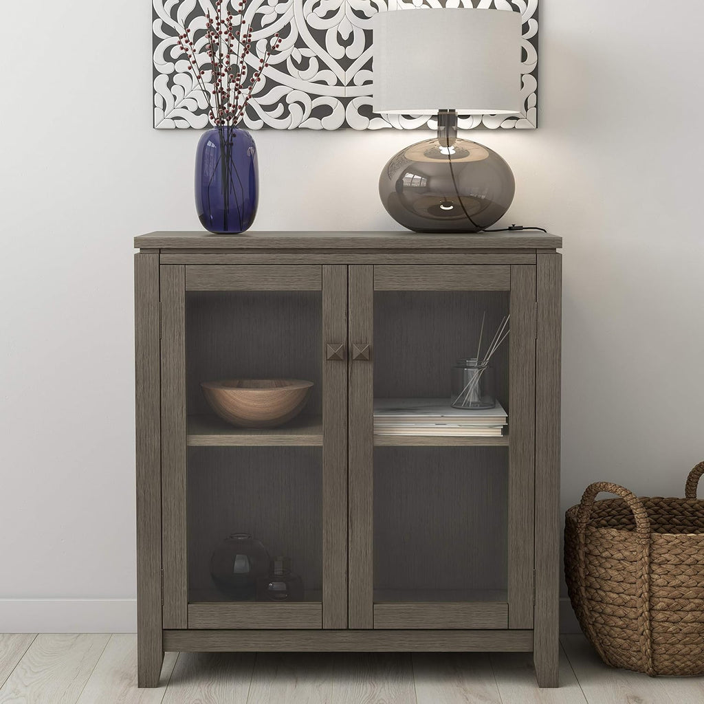 Farmhouse Grey 30 inch Wide Low Storage Cabinet with 2 Tempered Glass Doors K13899