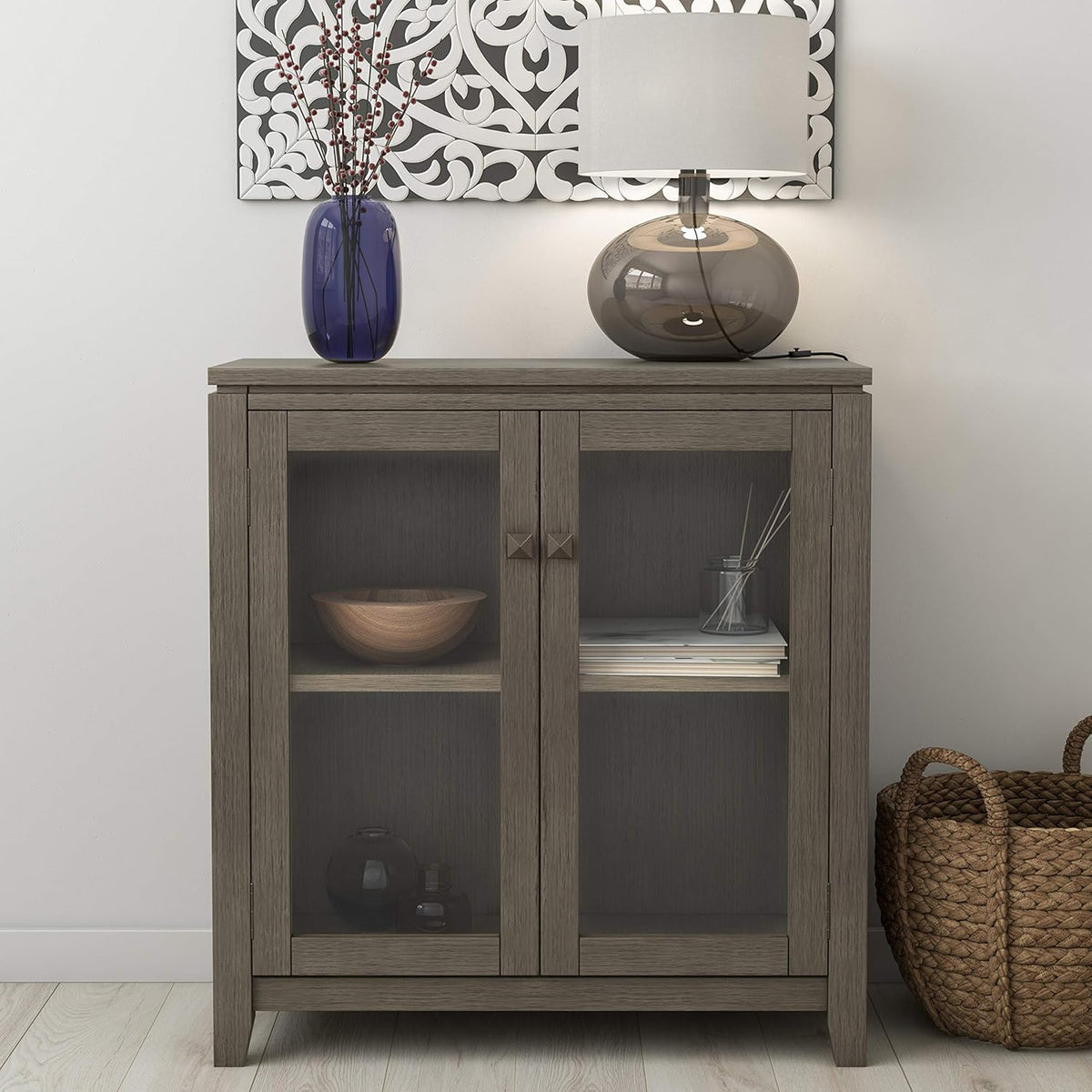 Farmhouse Grey 30 inch Wide Low Storage Cabinet with 2 Tempered Glass Doors K13899