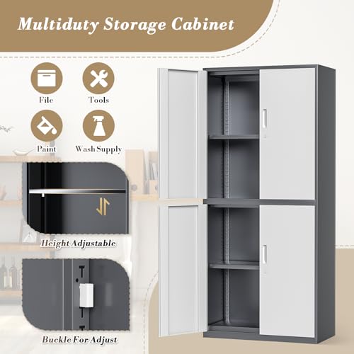 Metal Storage Cabinet with 4 Lock Doors and 4 Adjustable Shelves, 74" Tall Rolling Cabinet L951074