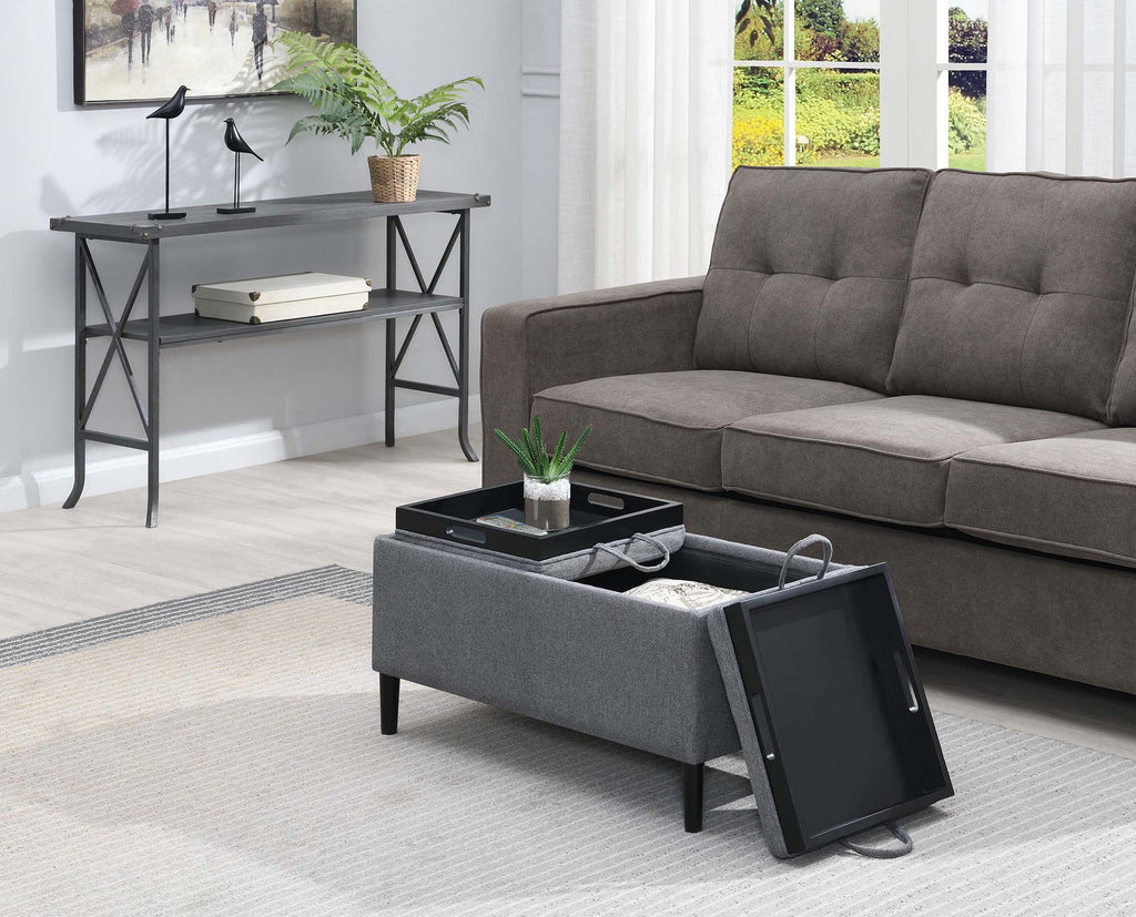 Soft Gray Fabric Storage Ottoman with Reversible Trays T34047