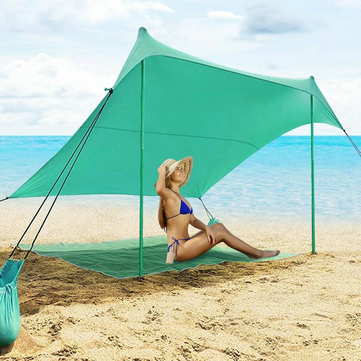 7 x 7 Family Beach Tent Canopy Sunshade with 4 Poles Green H278