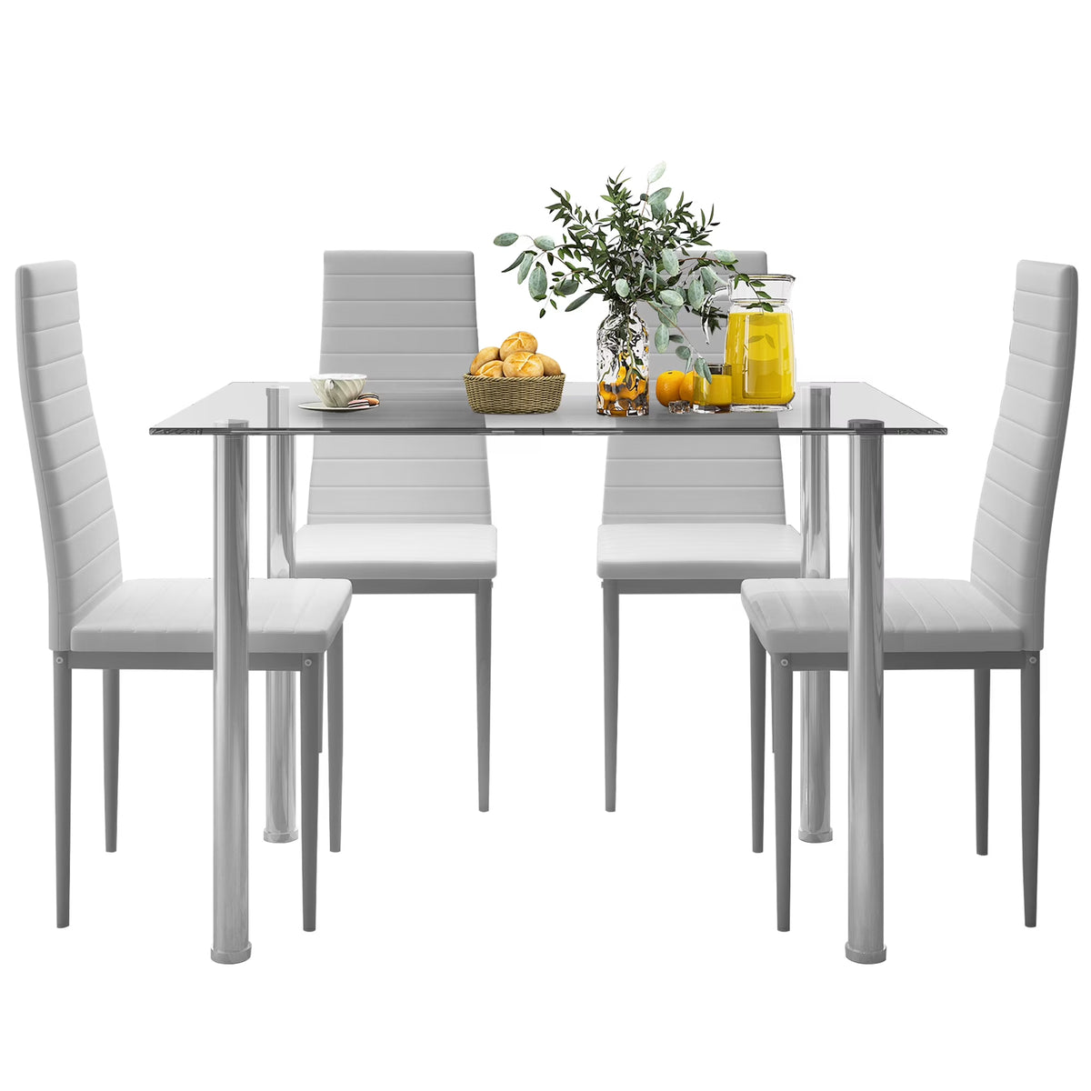 White Tempered Glass Dining Table Set for 4 with 4 PU Leather Chairs O2992
