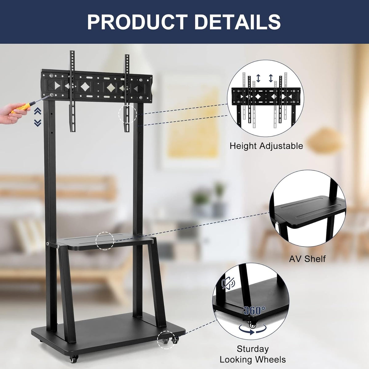 Mobile TV Cart Rolling Floor Stand for 32-75 Inch LCD LED OLED Flat Panel Screens with Shelf F586