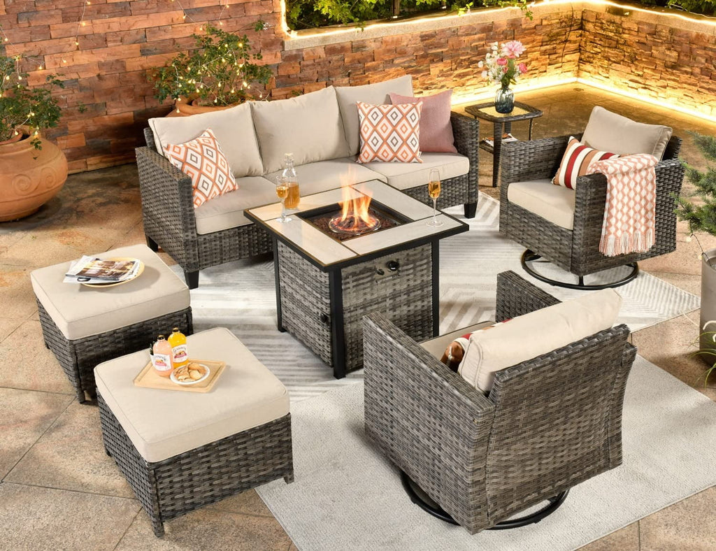 7 Pieces All Weather Wicker Patio Furniture Set with Fire Pit Table M7886