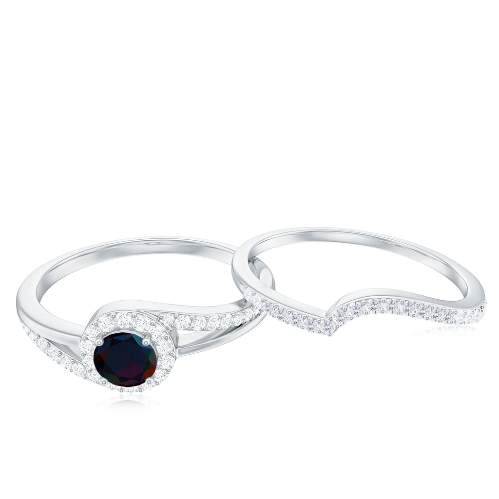 Natural Black Opal Ring Set with Diamond, 925 Sterling Silver, US 4.00 G52404