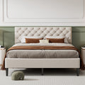 Beige Upholstered Fabric Queen Size Platform Bed Frame with Headboard M437088
