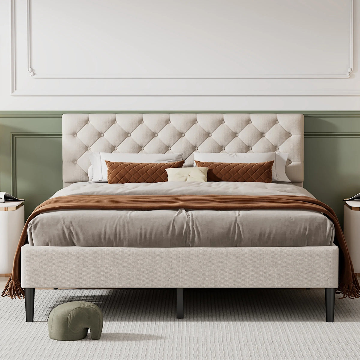 Beige Upholstered Fabric Queen Size Platform Bed Frame with Headboard M437088