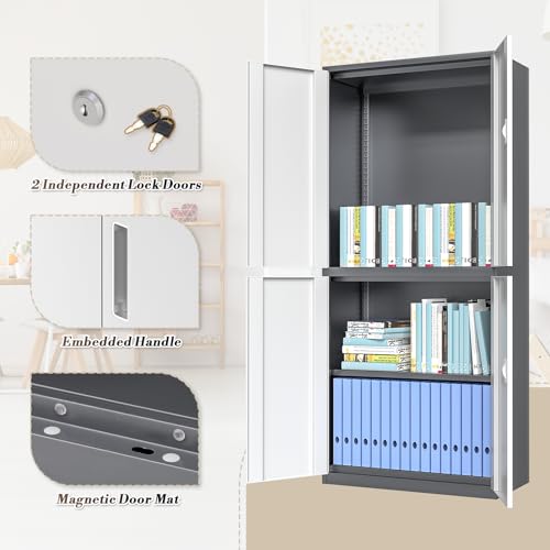 Metal Storage Cabinet with 4 Lock Doors and 4 Adjustable Shelves, 74" Tall Rolling Cabinet L951074