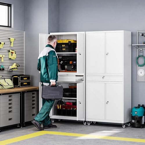 Metal Garage Storage Cabinet with Drawer, 4 Door Tool Cabinet with Lock D638