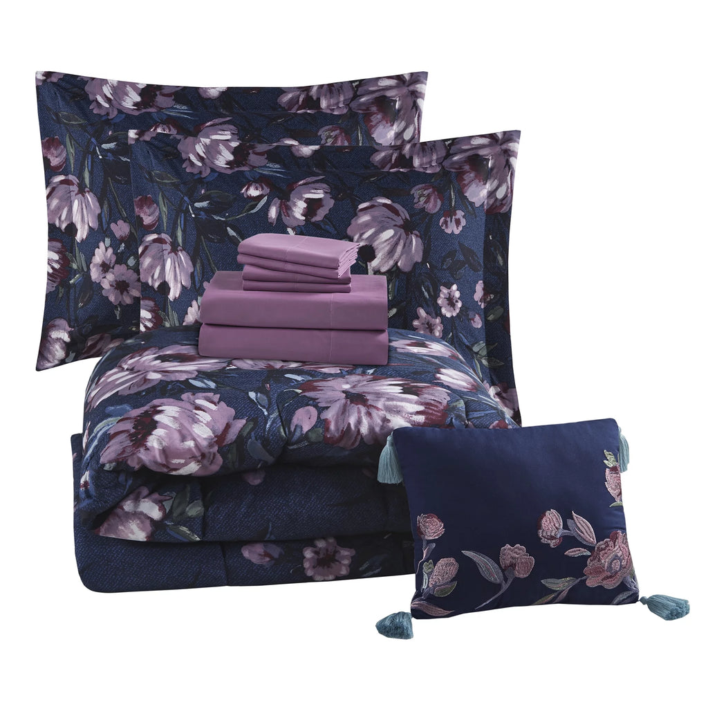 Blue Floral 10 Piece Queen Comforter Set with Sheets B9242