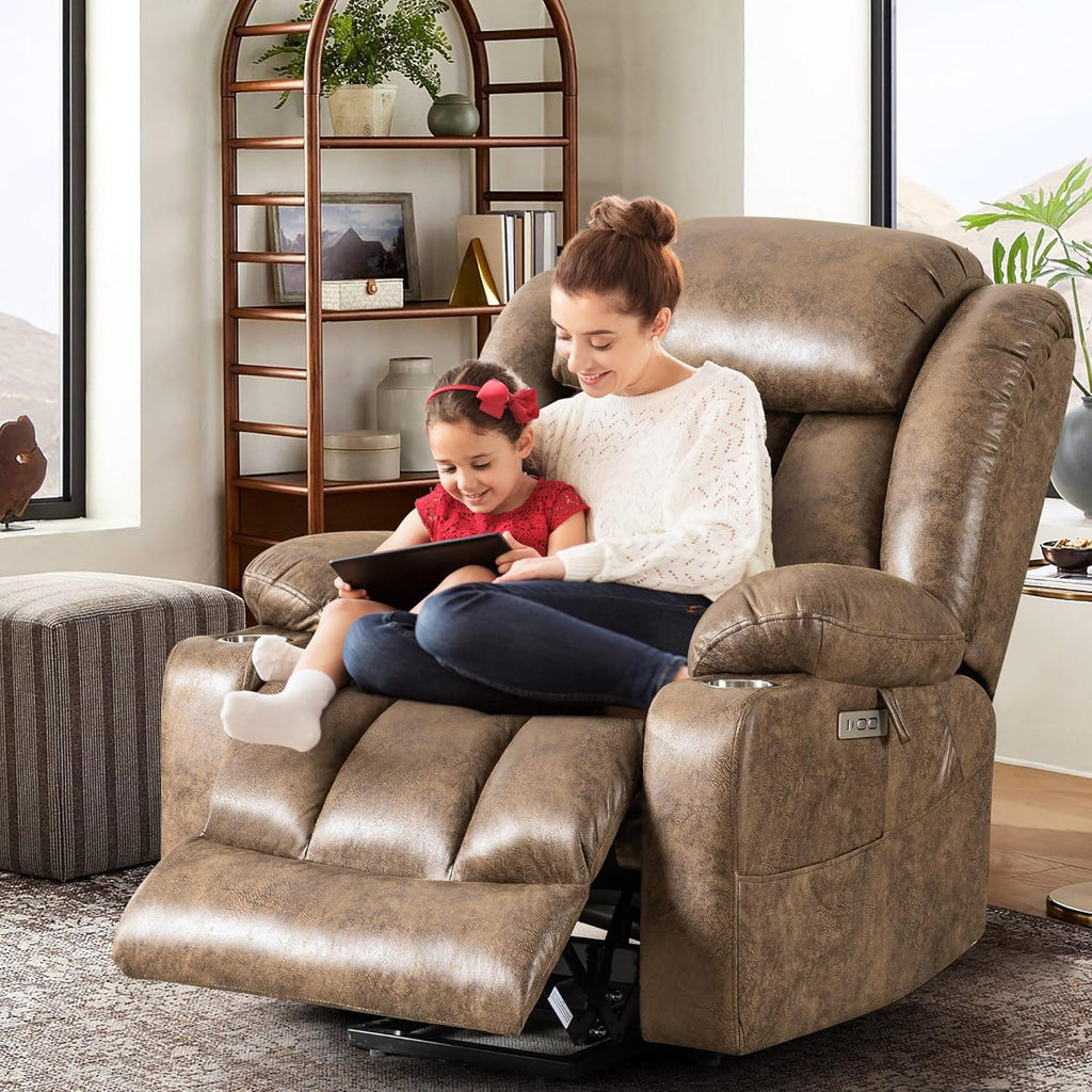 Light Brown Power Lift Recliner with Heated and Massage, USB, Cup Holder J267