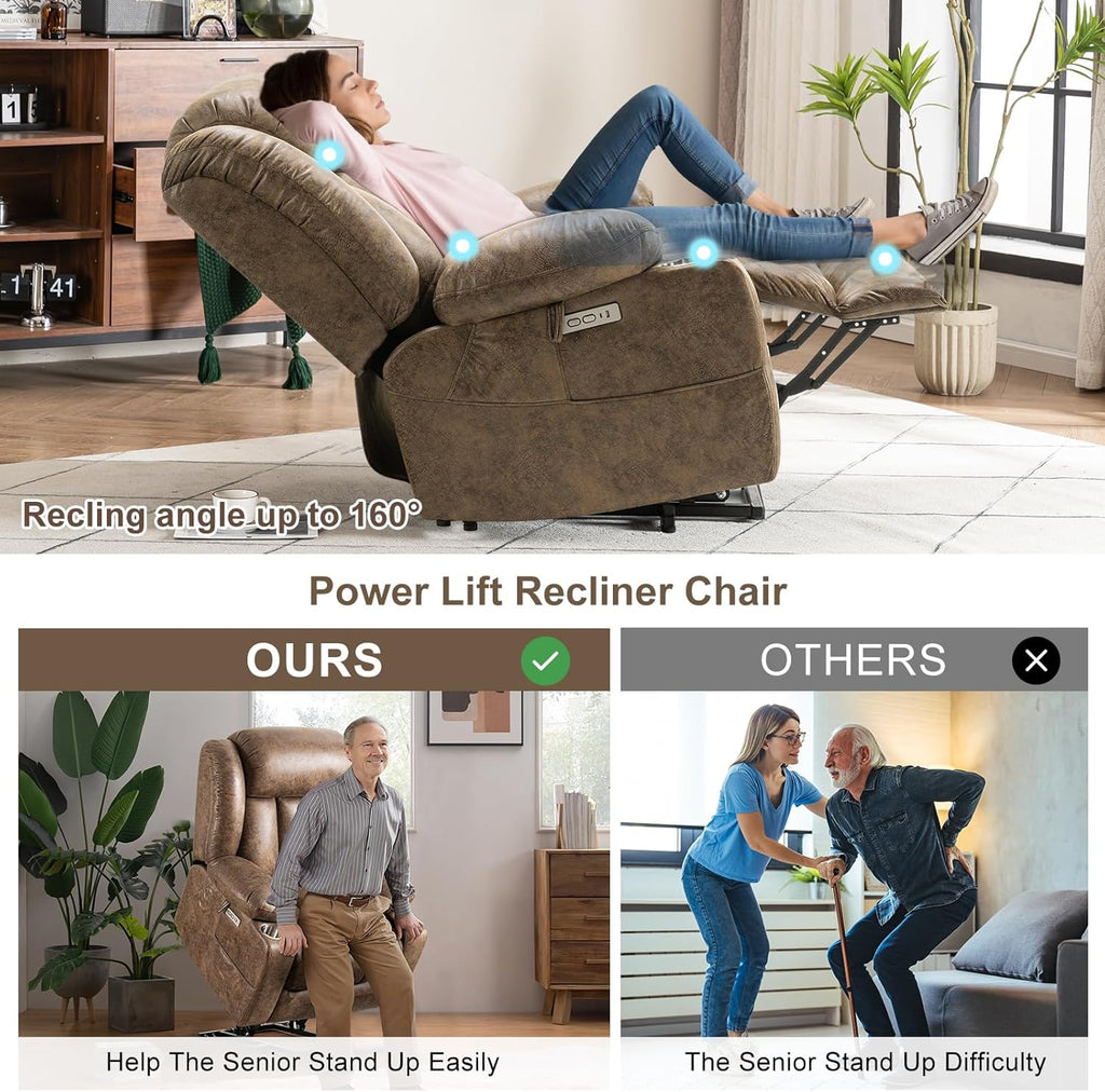 Light Brown Power Lift Recliner with Heated and Massage, USB, Cup Holder J267