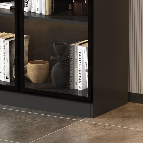 Black Glass Display Cabinet with 5-Tier Shelves and 4 Doors H159313