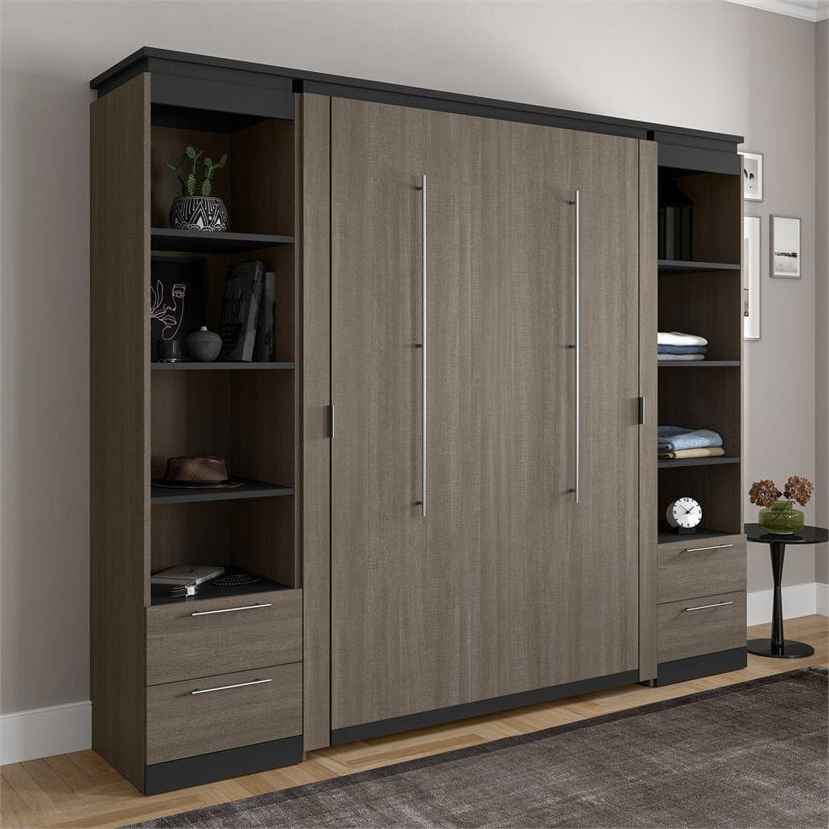 98" Full Murphy Bed and 2 Bookcases with Drawers in Bark Gray C473