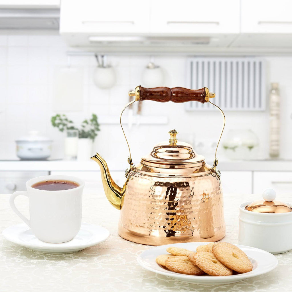Hammered Copper Tea Kettle with Brass Spout and Wooden Handle 2 qt L3456