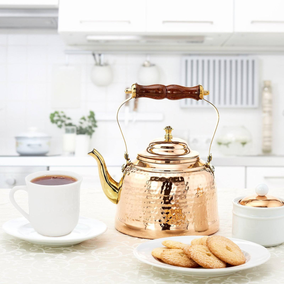 Hammered Copper Tea Kettle with Brass Spout and Wooden Handle 2 qt L3456