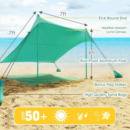 7 x 7 Family Beach Tent Canopy Sunshade with 4 Poles Green H278