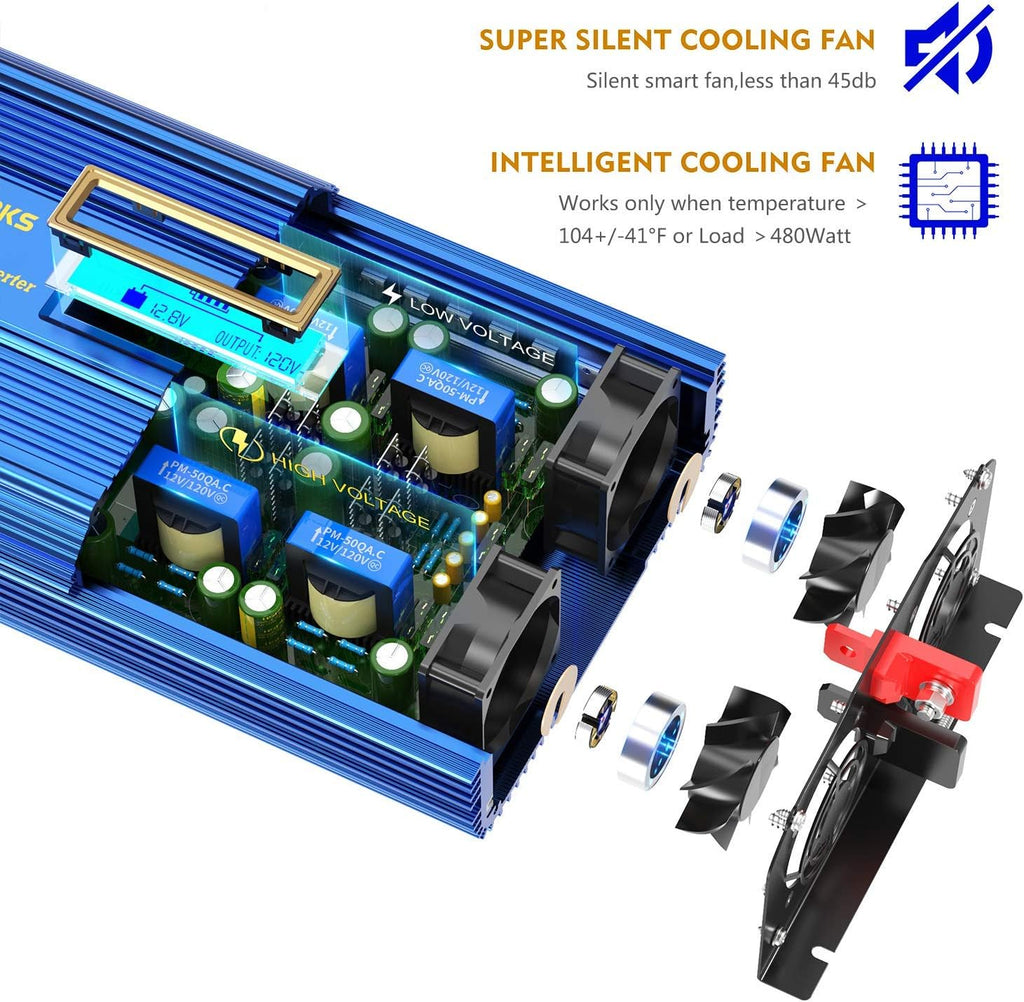 1500W Pure Sine Wave Power Inverter DC 12v to AC 110V-120V with Remote Control LCD Display Y95265