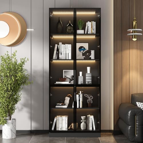 Black Glass Display Cabinet with 5-Tier Shelves and 4 Doors H159313
