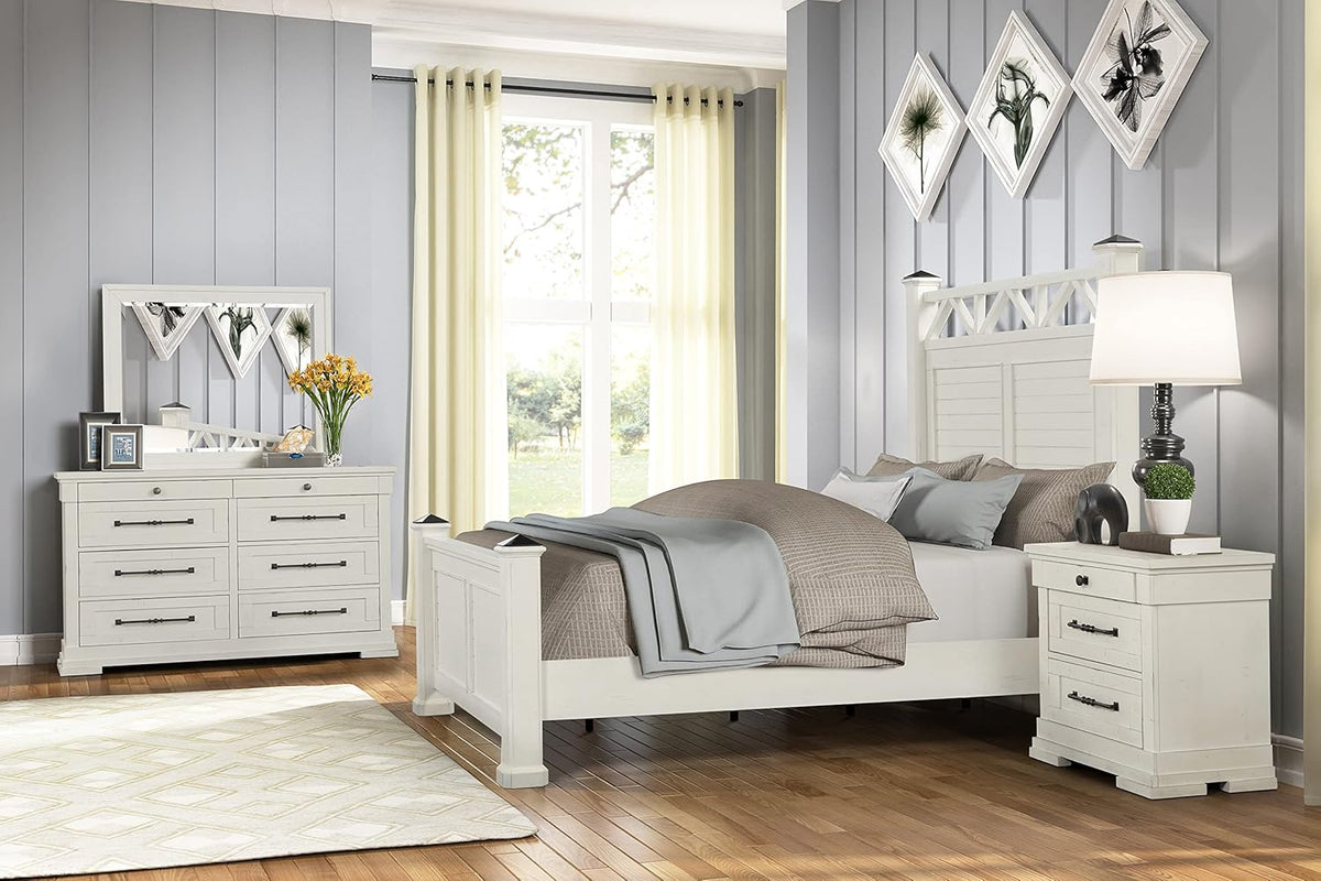 Antique White Queen Wood Panel Bed with Dresser, Mirror and Nightstand Z2306