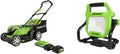 24V Cordless Push Lawn Mower and LED Work Light Combo Kit with 2x4Ah USB Batteries and Charger Z985