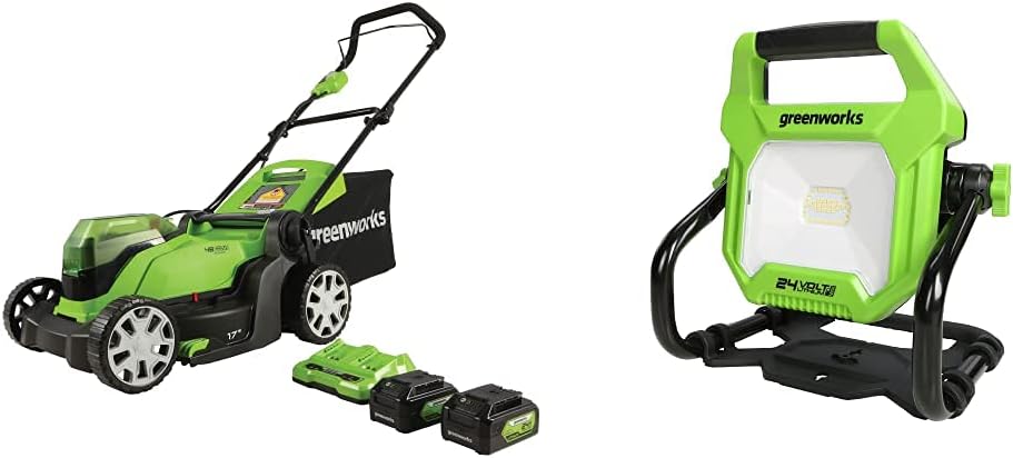 24V Cordless Push Lawn Mower and LED Work Light Combo Kit with 2x4Ah USB Batteries and Charger Z985