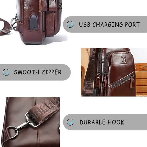 Leather Sling Bag with USB Charging Port Chest Bag Shoulder Bag Crossbody Daypack Backpack O728