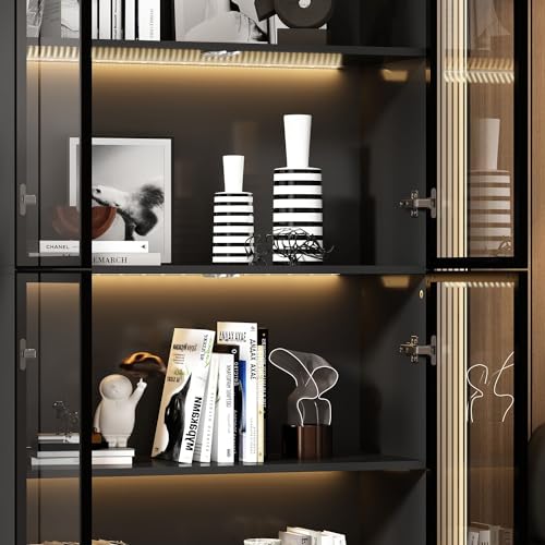 Black Glass Display Cabinet with 5-Tier Shelves and 4 Doors H159313