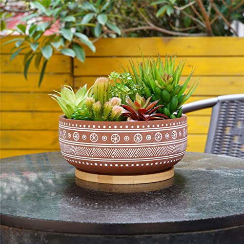 8 Inch Terracotta Succulent Planter Pot with Drainage Hole and Bamboo Tray B218