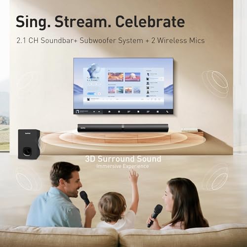 Karaoke Soundbar with Subwoofer, 2 Wireless Microphones, Bluetooth Speaker with Remote Z667