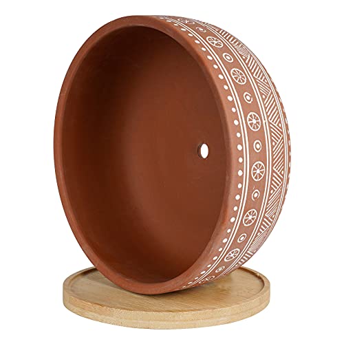 8 Inch Terracotta Succulent Planter Pot with Drainage Hole and Bamboo Tray B218