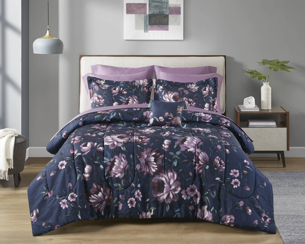 Blue Floral 10 Piece Queen Comforter Set with Sheets B9242