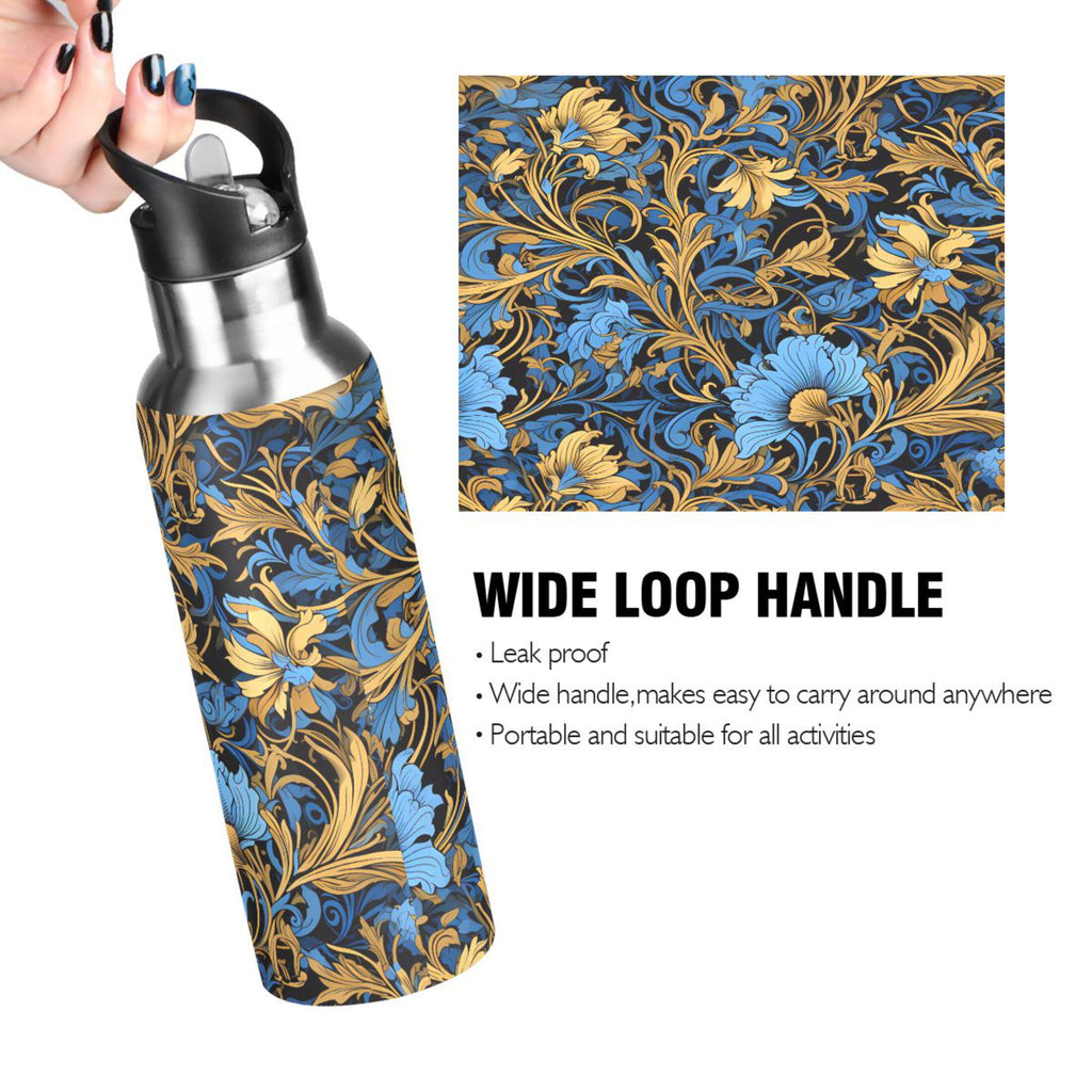 Blue Flowers Stainless Steel Insulated Water Bottle with Straw Lid M968
