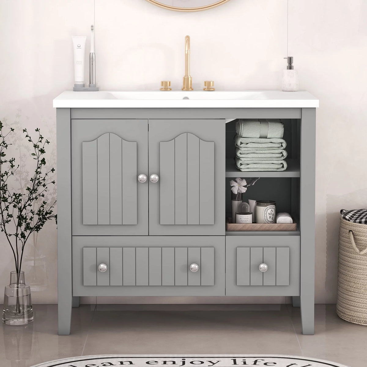 36" Bathroom Vanity with Sink, Undermount Storage Cabinet Set, Gray J64991