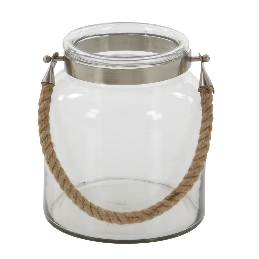 Clear Glass Handmade Decorative Candle Lantern with Rope Handle H245