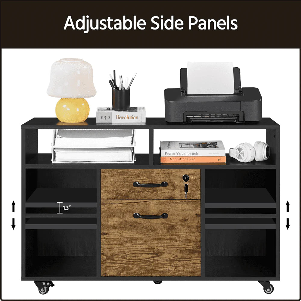 Black Rustic Brown Wooden Rolling File Cabinet with Lockable Drawer I171724