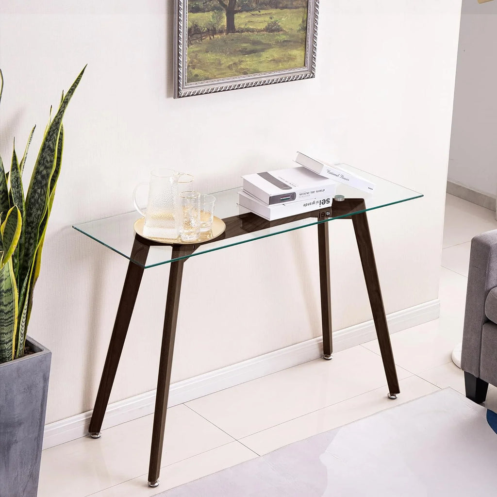 Glass Console Table with Solid Wood Legs I63899