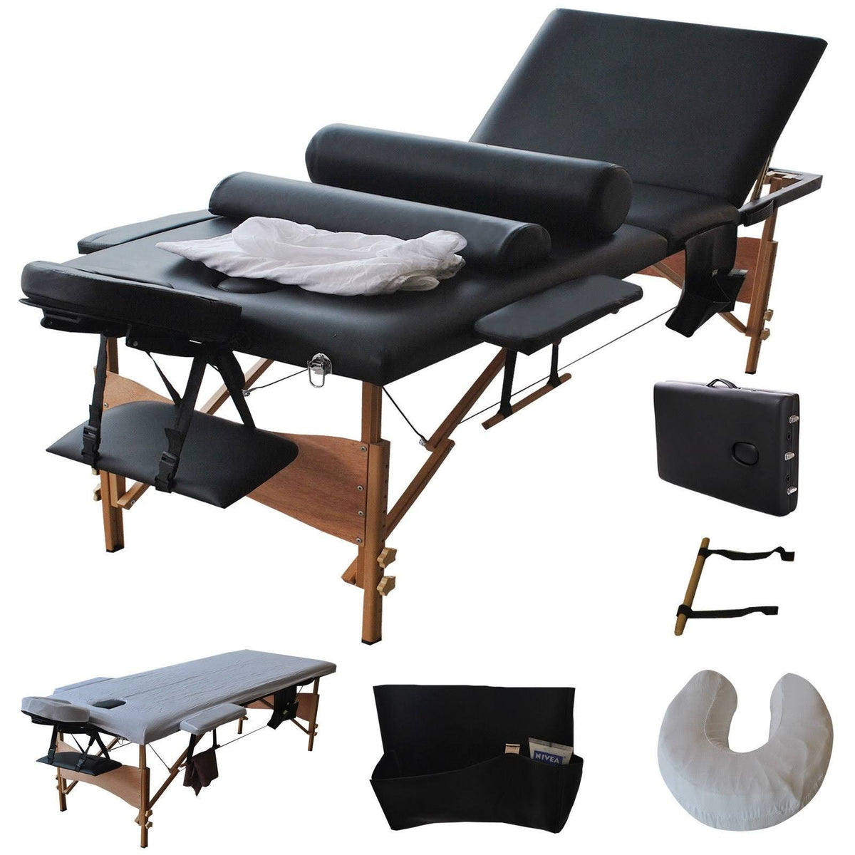 84"L 3 Fold Massage Table Portable Facial Bed with Sheet, Cradle Cover and 2 Bolster Black X1643