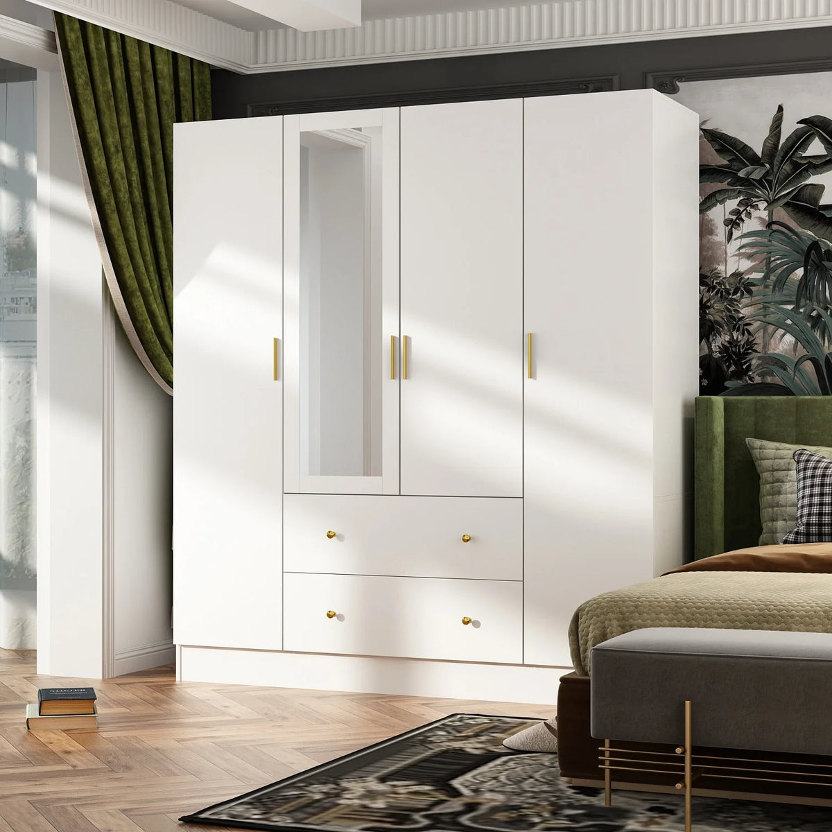 White Wooden Armoire with Mirror I33078