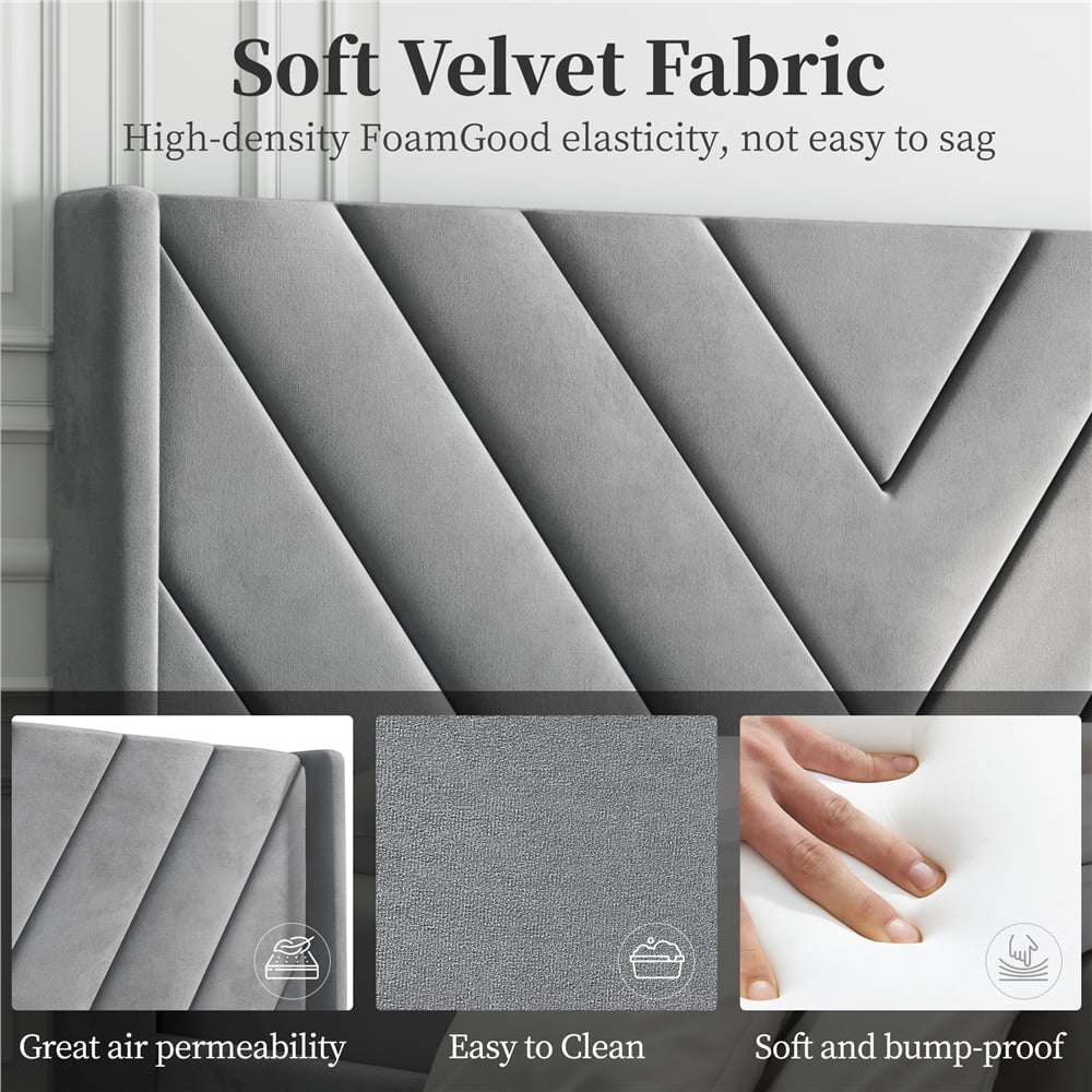 Light Gray Upholstered Bed with Wooden Slat Support H245311