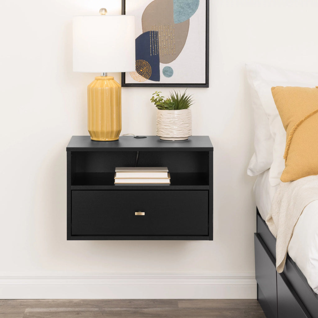 Black Floating Nightstand With Open Shelf B1325